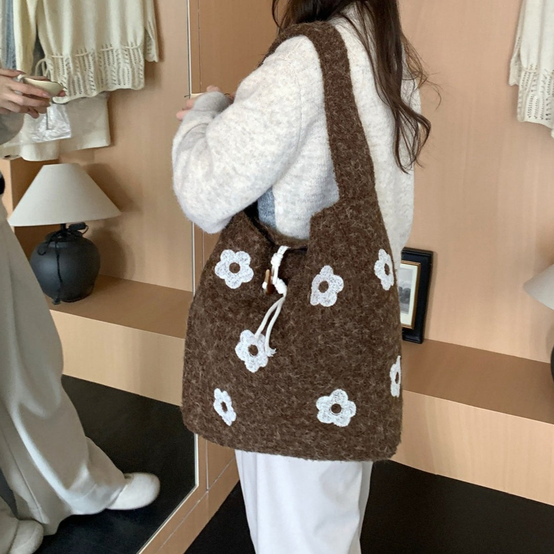 Women's Plush Floral Embroidered Tote Bag N6J218