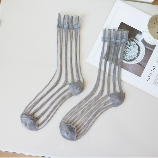 Vertical Rib Crystal Sheer Mid-Calf Socks Women N6H032