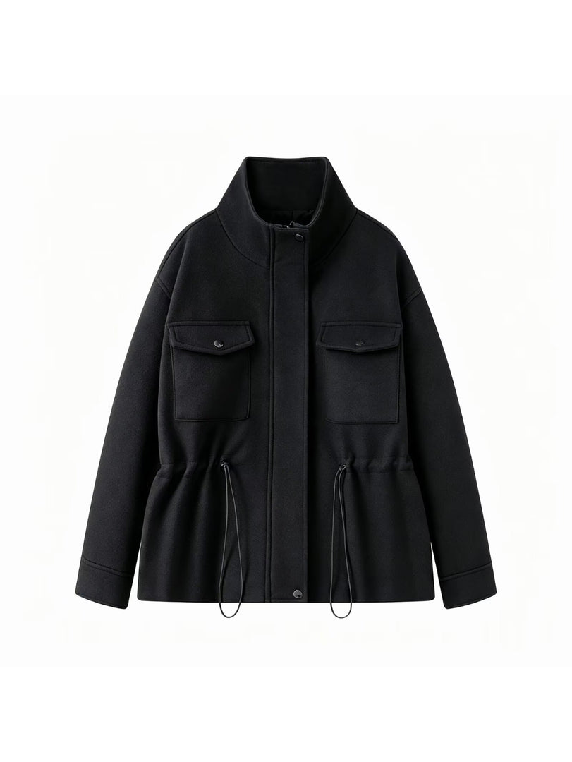 Loose Zip Stand Collar Adjustable Waist Jacket Women N6H130