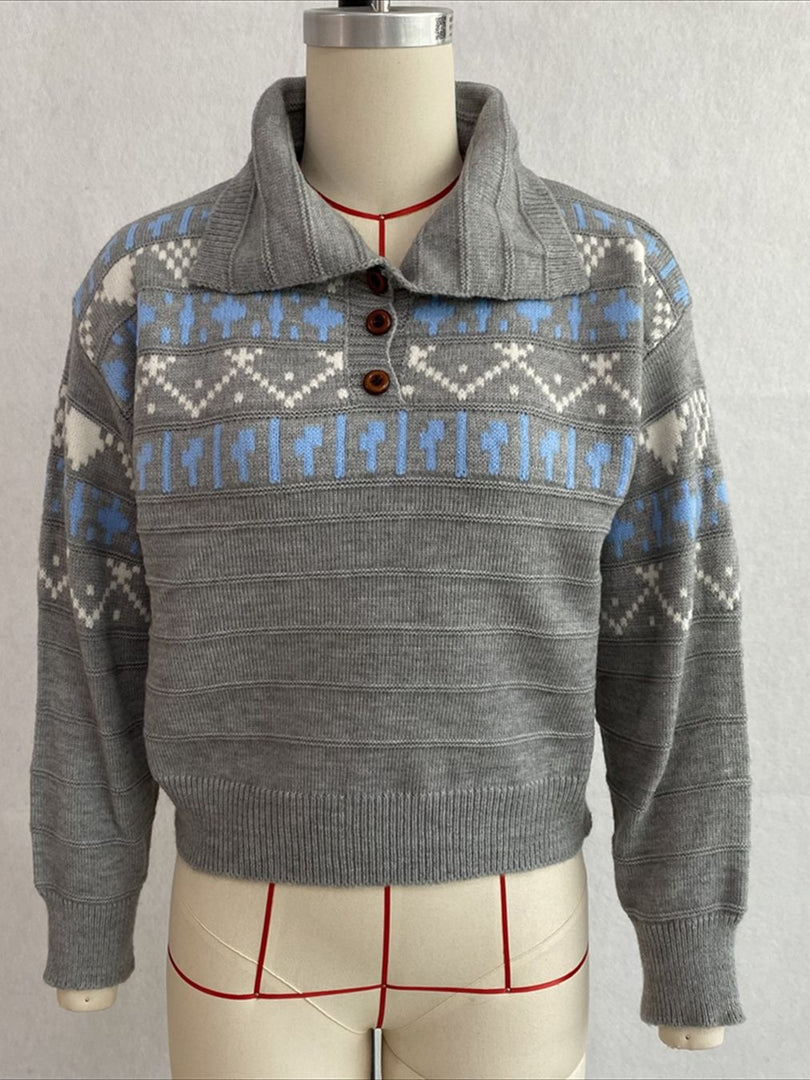 Fair Isle Polo Half Zip Knit Sweater Women Commuter N6H283