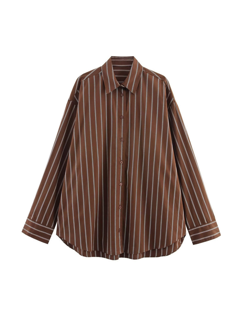 Striped Loose Collared Shirt Women N6C101
