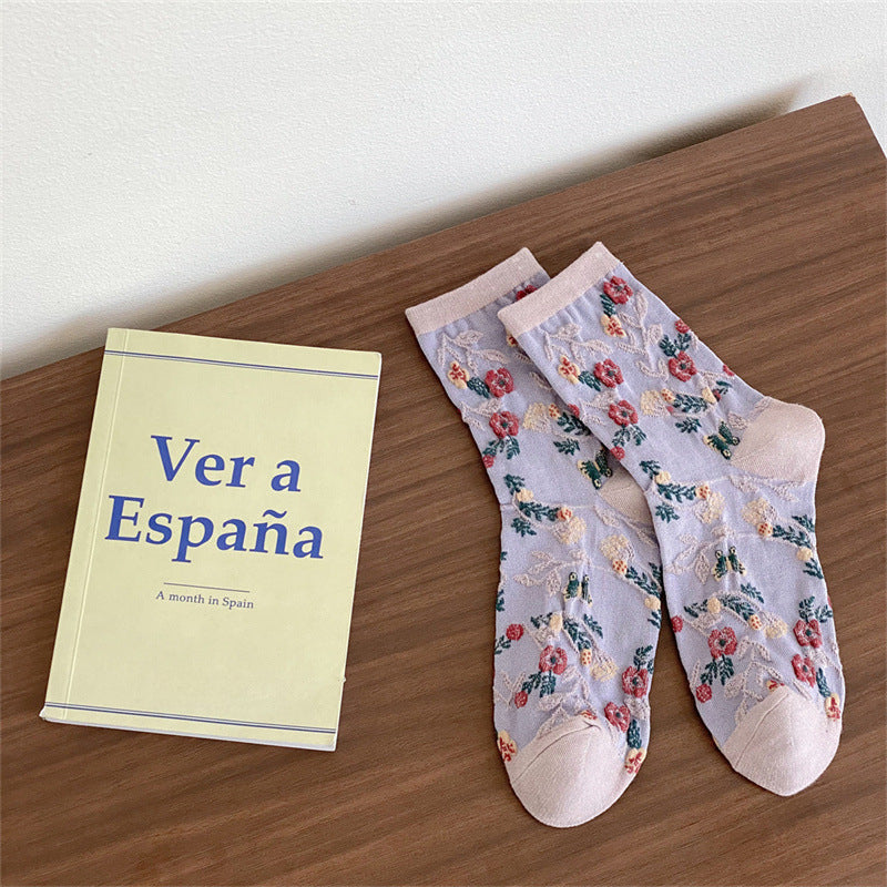 Botanical Print Cotton Mid Calf Socks  M5A070