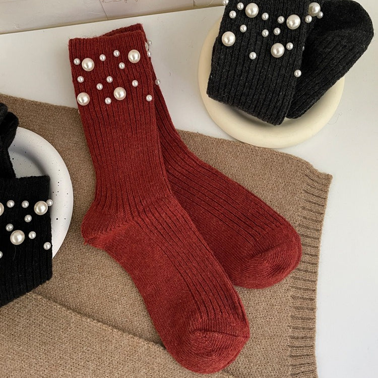 Pearl Rivet Beaded Rabbit Wool Blend Stack Socks N6H036