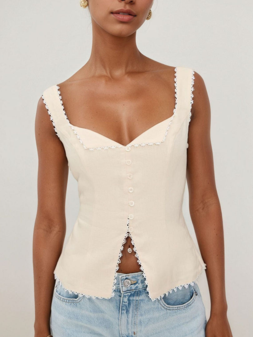 French Lace Trim Button Front Sleeveless Tank N6F018
