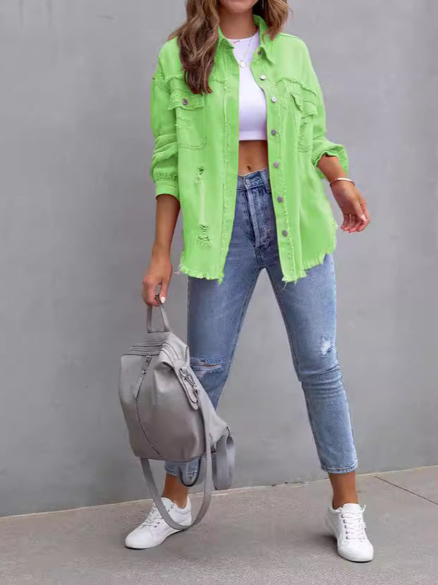 Distressed Denim Jacket Mid Length Raw Hem  N5Z166