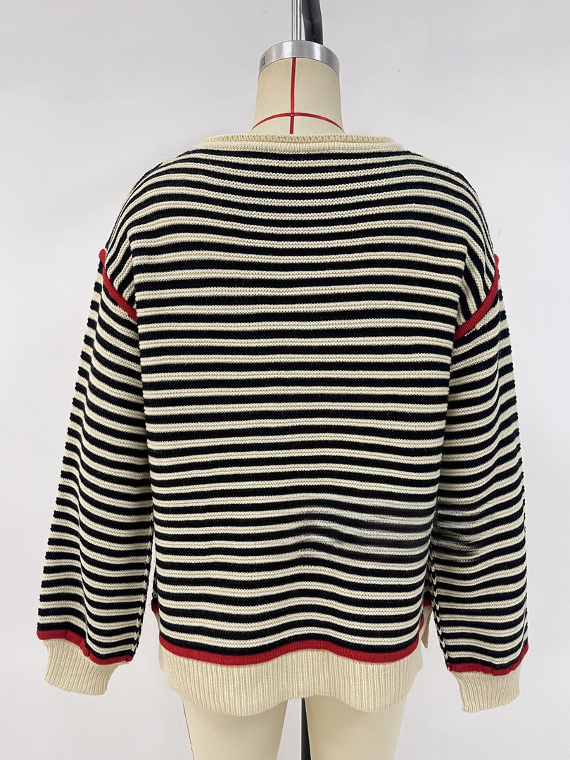 Striped Round Neck Oversized Knit Pullover Women N6G188
