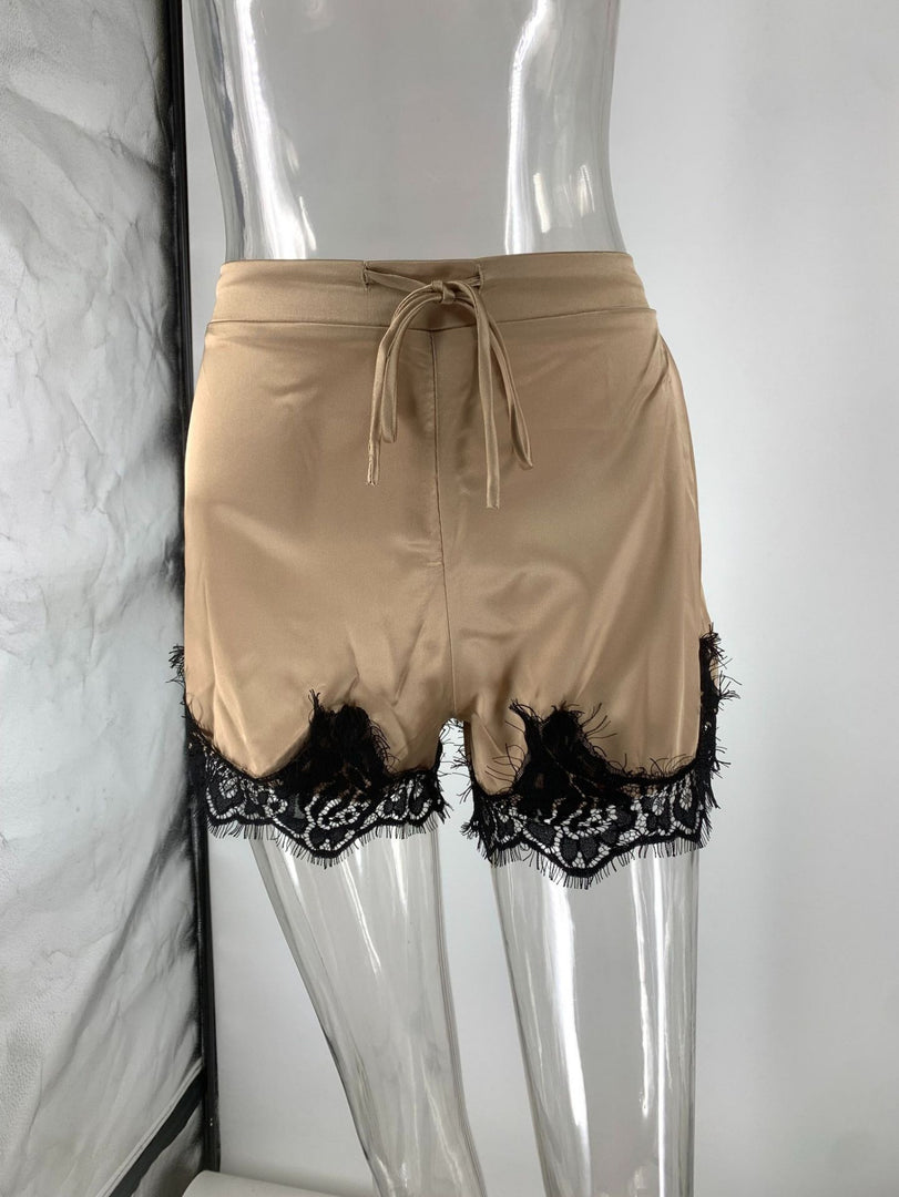 Puff Sleeve Waist Cinching Lace Shorts Set Women N6F260