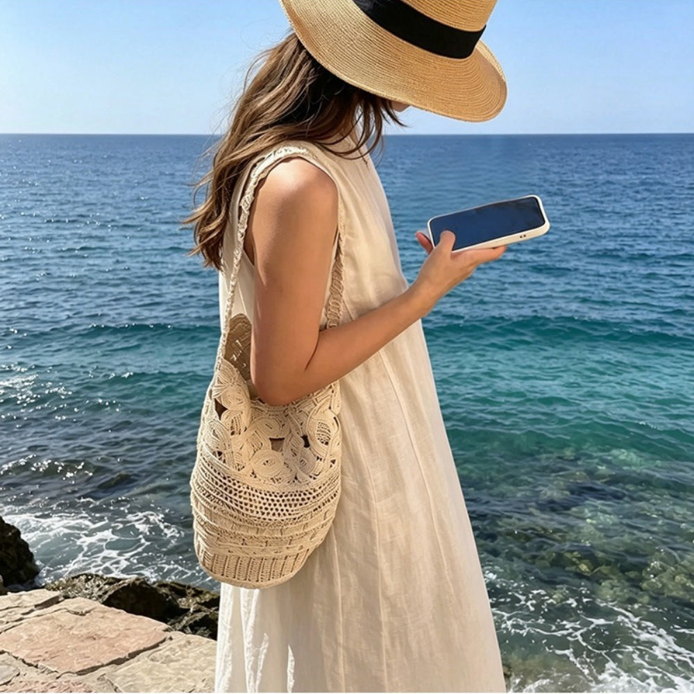 Straw-Style Openwork Flower Bucket Bag Women Beach N6E053
