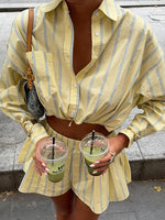 Load image into Gallery viewer, Striped Lapel Shirt and Shorts Set Women N6D109