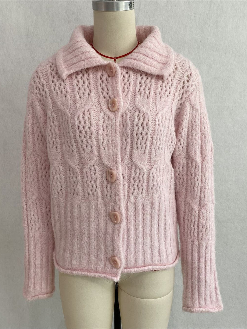 Cable-Knit Polo Collar Openwork Button Cardigan Women N6H284