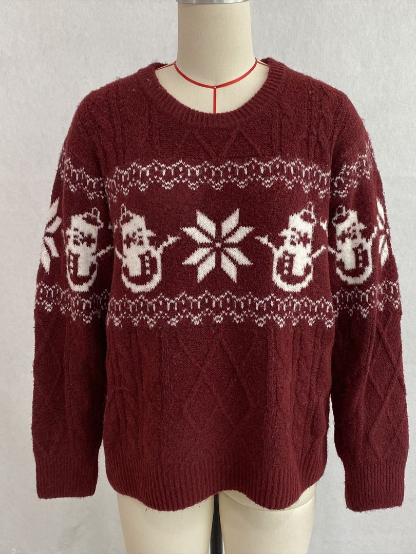 Jacquard Cable Knit Round Neck Loose Pullover Sweater N6H281