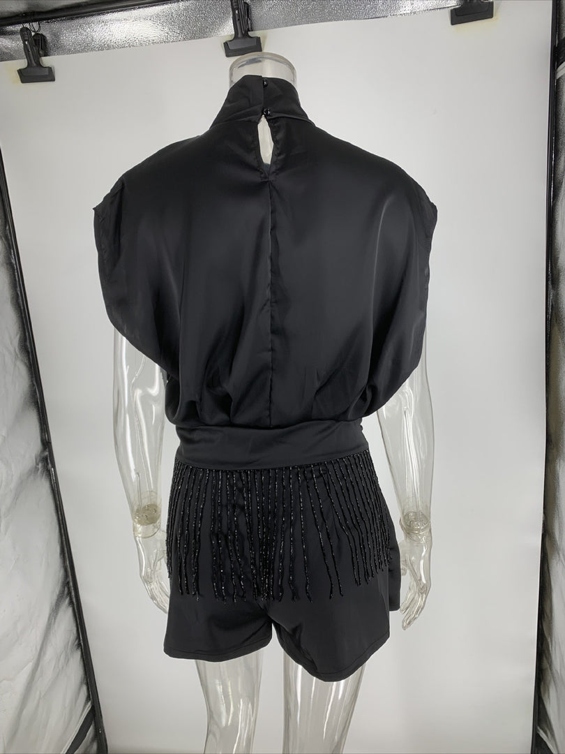 Black Stand Collar Sleeveless Fringe Shorts Set N6F257