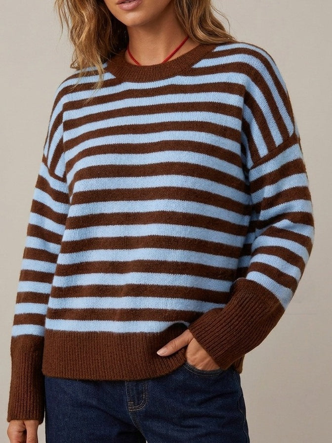 Casual Color Block Stripe Knit Pullover Women N6G187