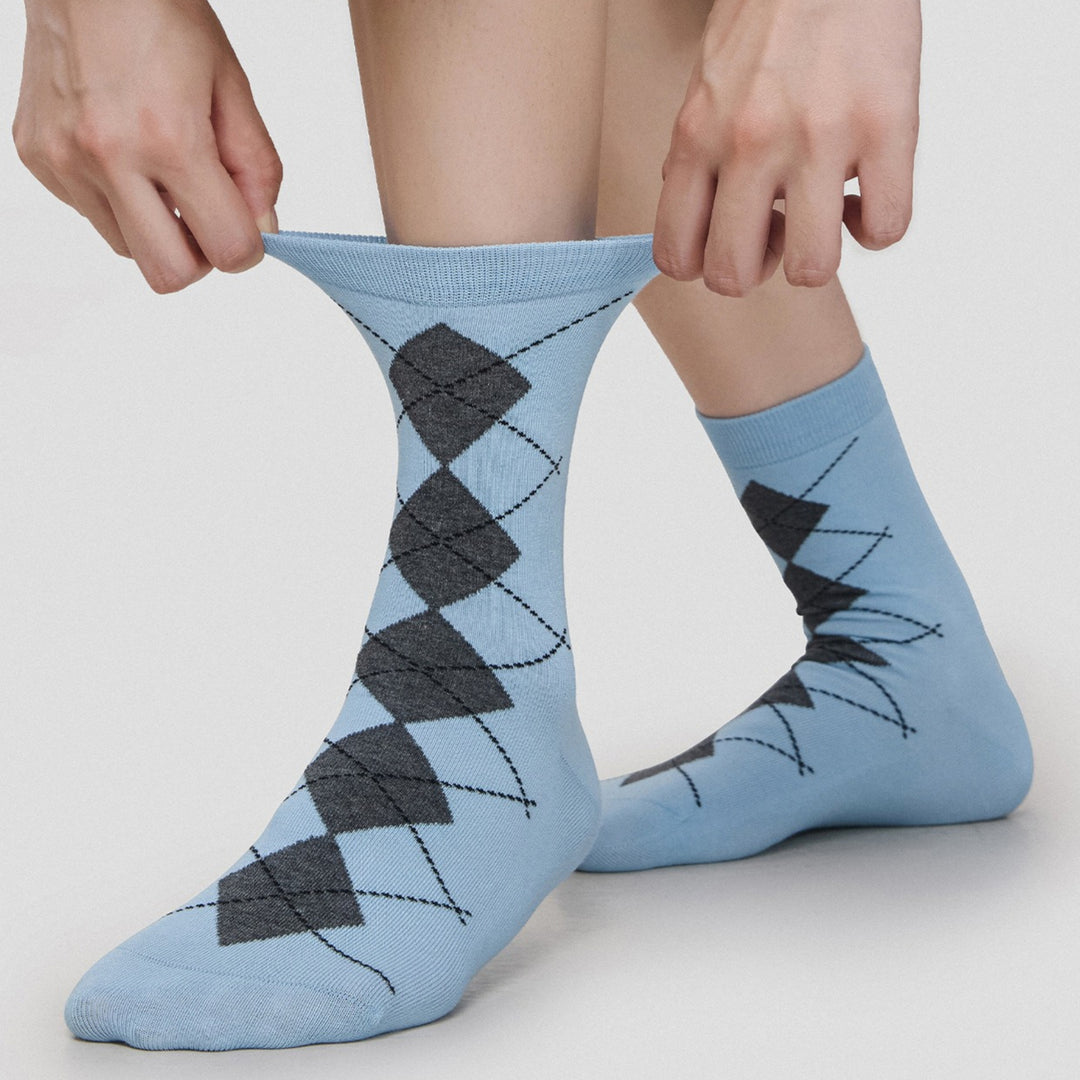 Color Block Seamless Diamond Retro Mid-Calf Socks White N6H019