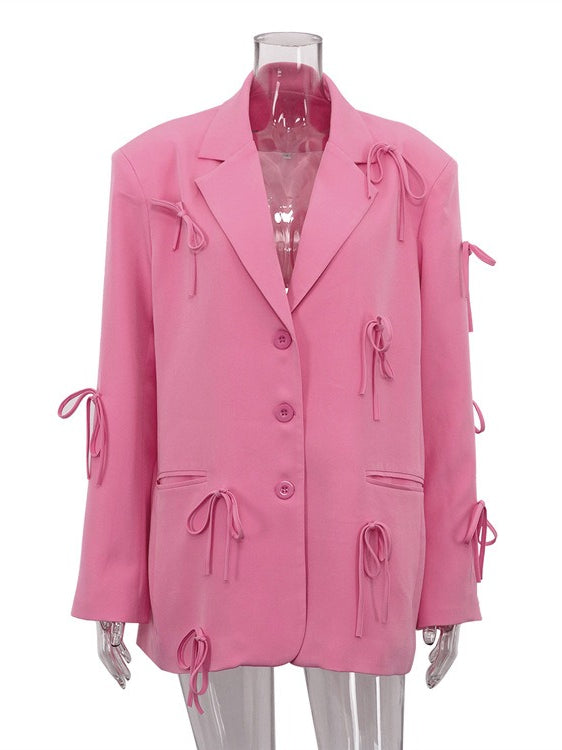 Bow Detail Pink Loose Blazer Women N6C193