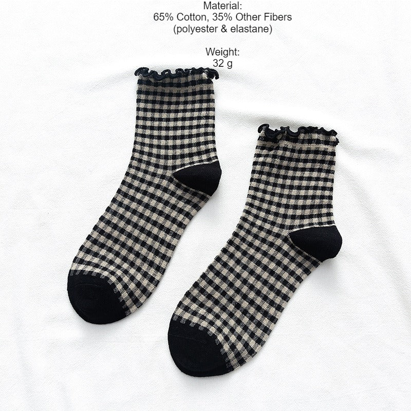 Plaid Ruffle Trim Mid-Calf Socks Women Preppy N6H006