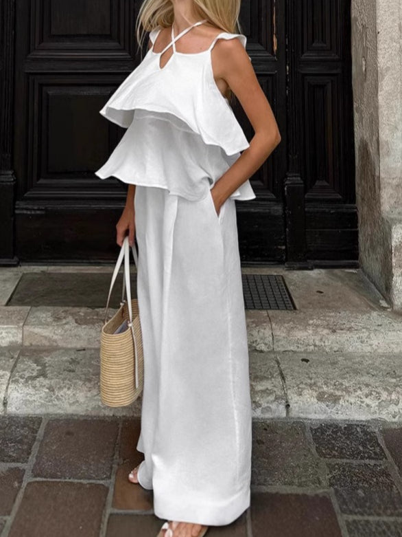 White Linen Flutter Sleeve Top and Wide Leg Pants Set N6D111