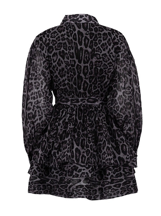 Leopard Print Chiffon Dress with Lapel and Puff Sleeve N6C192