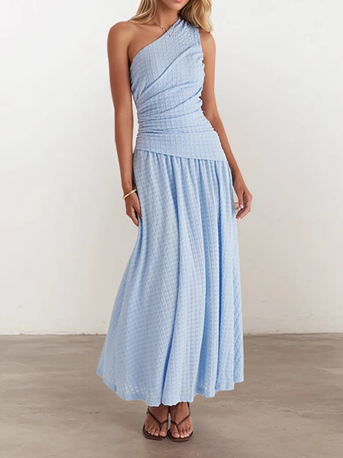 One Shoulder Bodycon Slit Midi Dress Women Blue N6D100
