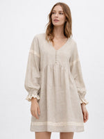 Load image into Gallery viewer, French V neck Lantern Sleeve Linen Blend Dress Women N6C208
