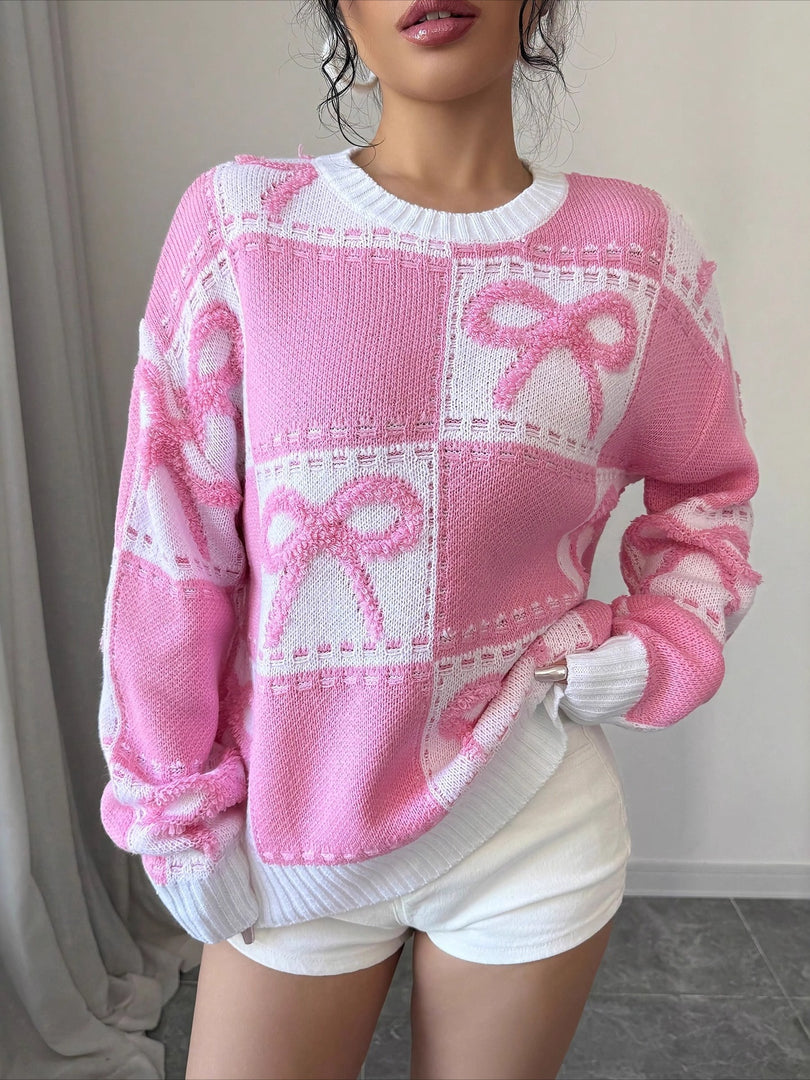 Sweet Bow Detail Pink Acrylic Knit Sweater Loose Fit N6G129