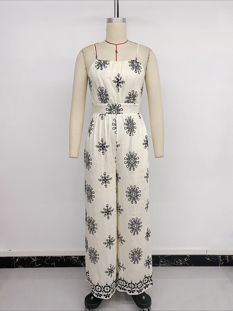 Vacation Halter Ethnic Print Wide Leg Jumpsuit Women N6C253