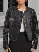 Load image into Gallery viewer, PU Round Metal Button Crop Coat Lightweight Black N5Z580