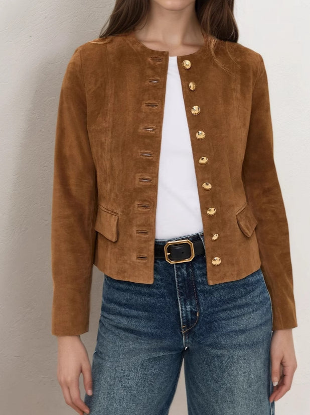 Suede Single Button Crop Coat Mid Heavy Brown N5Z551