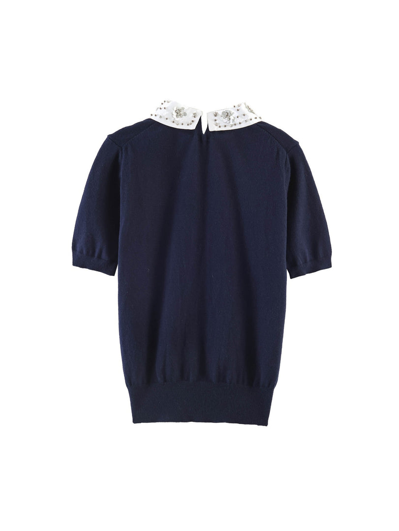 Retro Streetwear Paneled Lapel Short Sleeve Knit Top N6G157