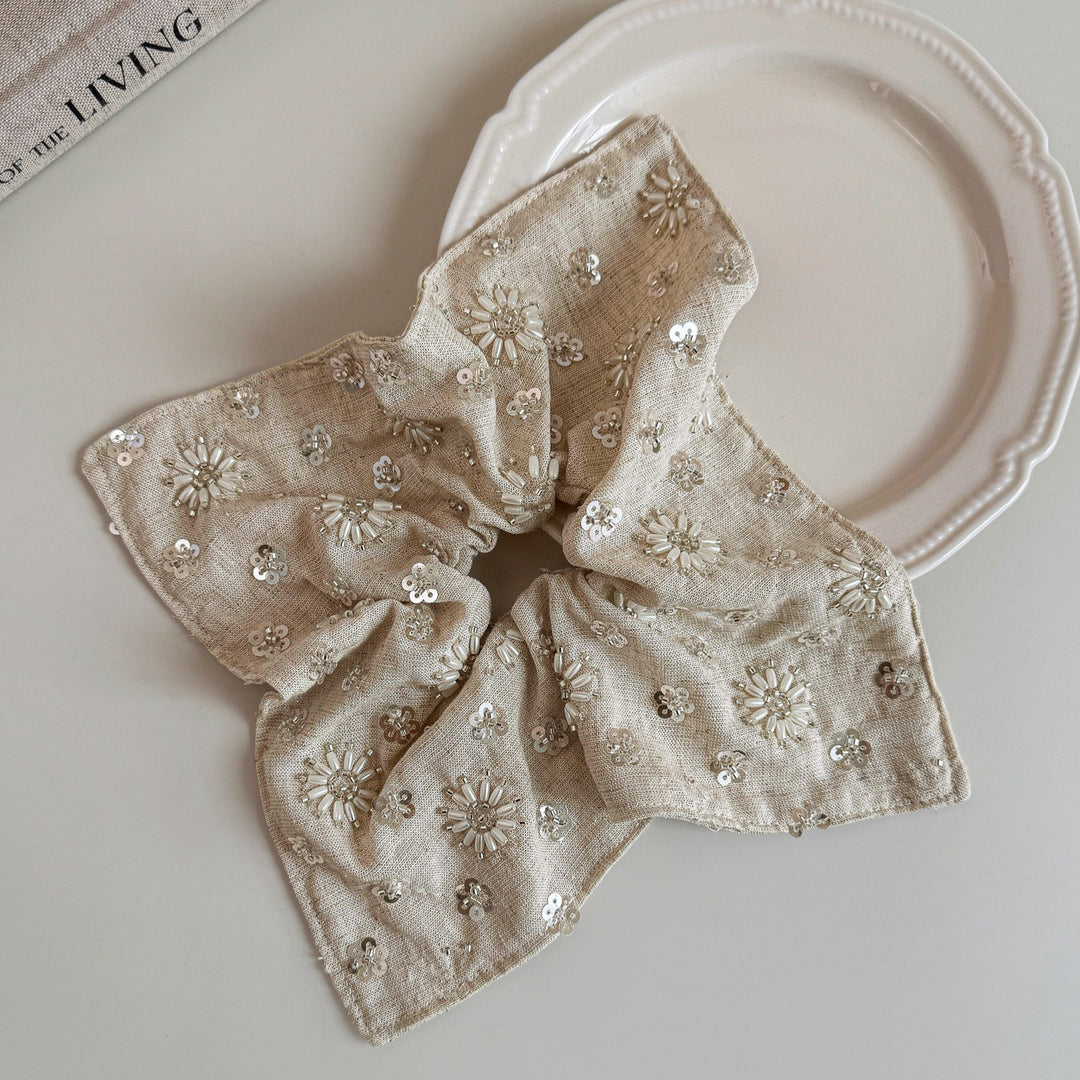 Linen Handmade Sequin Beaded Square Scrunchie N6F139