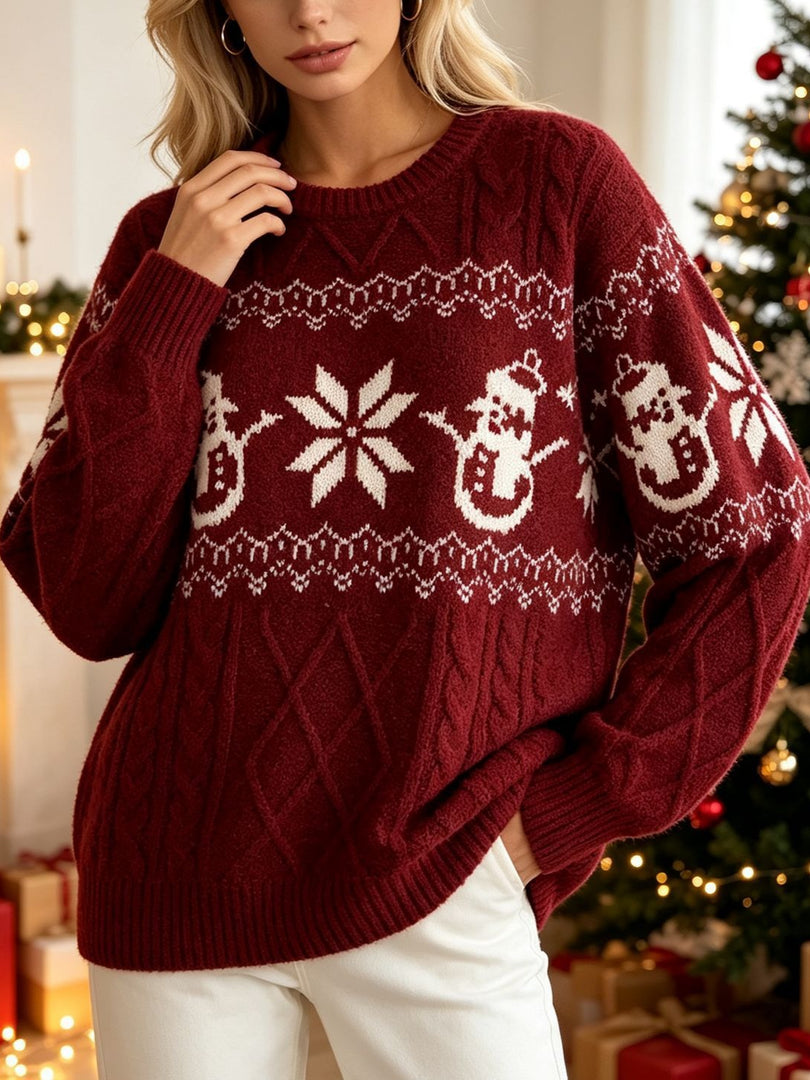 Jacquard Cable Knit Round Neck Loose Pullover Sweater N6H281