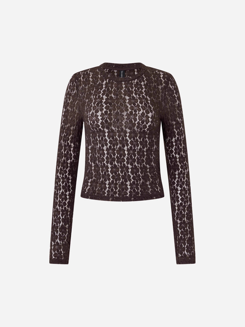 Brown Lace Long Sleeve Slim Fit Top N6F224