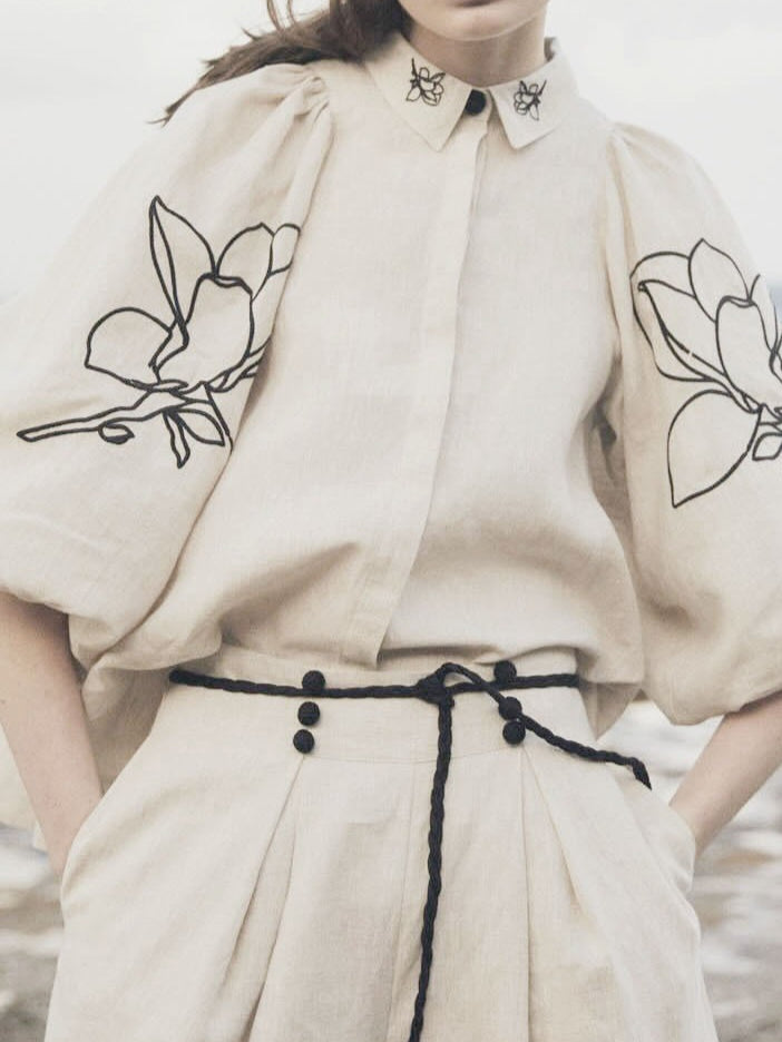 Embroidered Linen Wide Leg Pants Suit Women N6F188