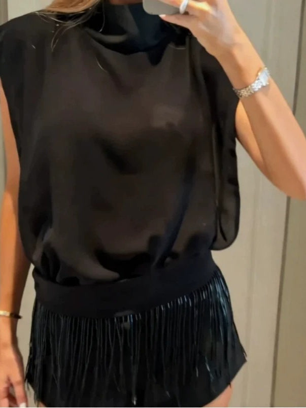 Black Stand Collar Sleeveless Fringe Shorts Set N6F257