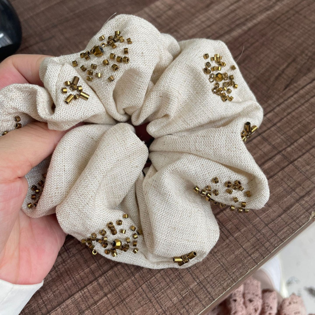 Linen Handmade Sequin Beaded Square Scrunchie N6F139