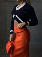 Load image into Gallery viewer, Crop V Sweater Lightweight Khaki Navy White N5Z916
