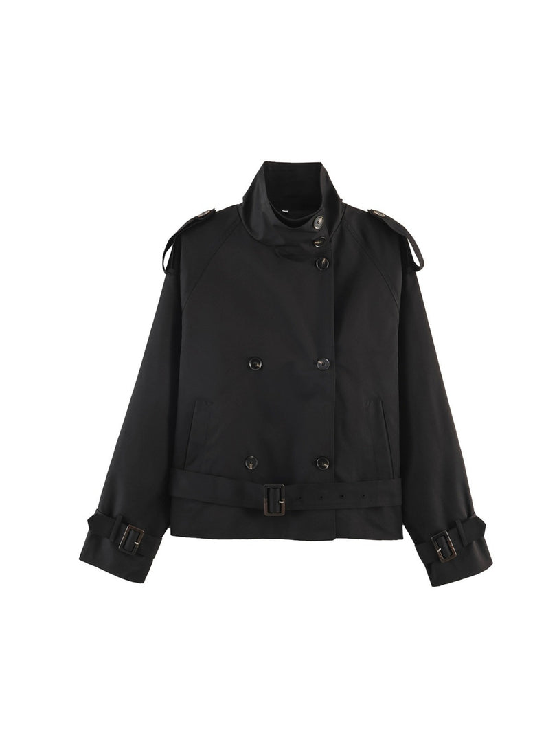 Loose Belted Double-Breasted Stand Collar Coat Women N6H125