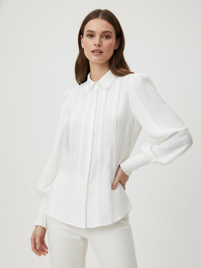 White Shirt Collar Flounce Sleeve Lace Shirt Women N6C123