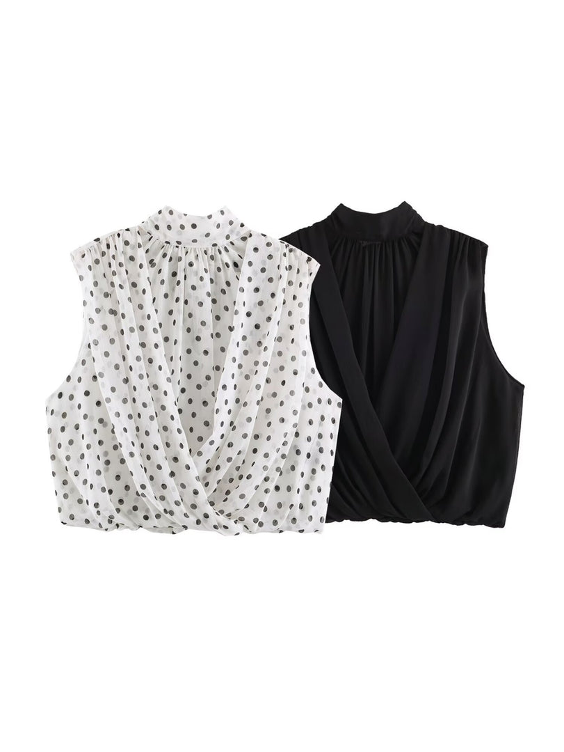 Chiffon Pleated Polka Dot Blouse Stand Collar N6F199