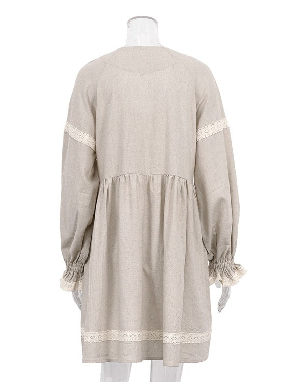 French V neck Lantern Sleeve Linen Blend Dress Women N6C208