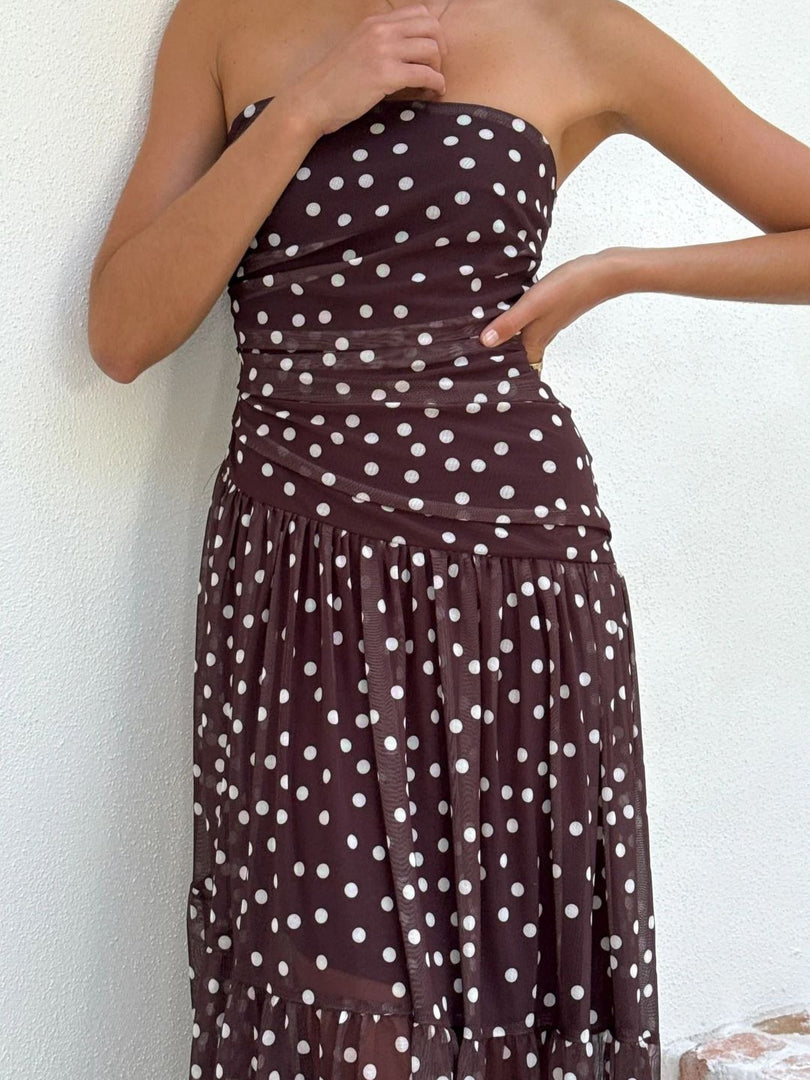 Polka Dot Mesh One-Shoulder Maxi Dress N6F028