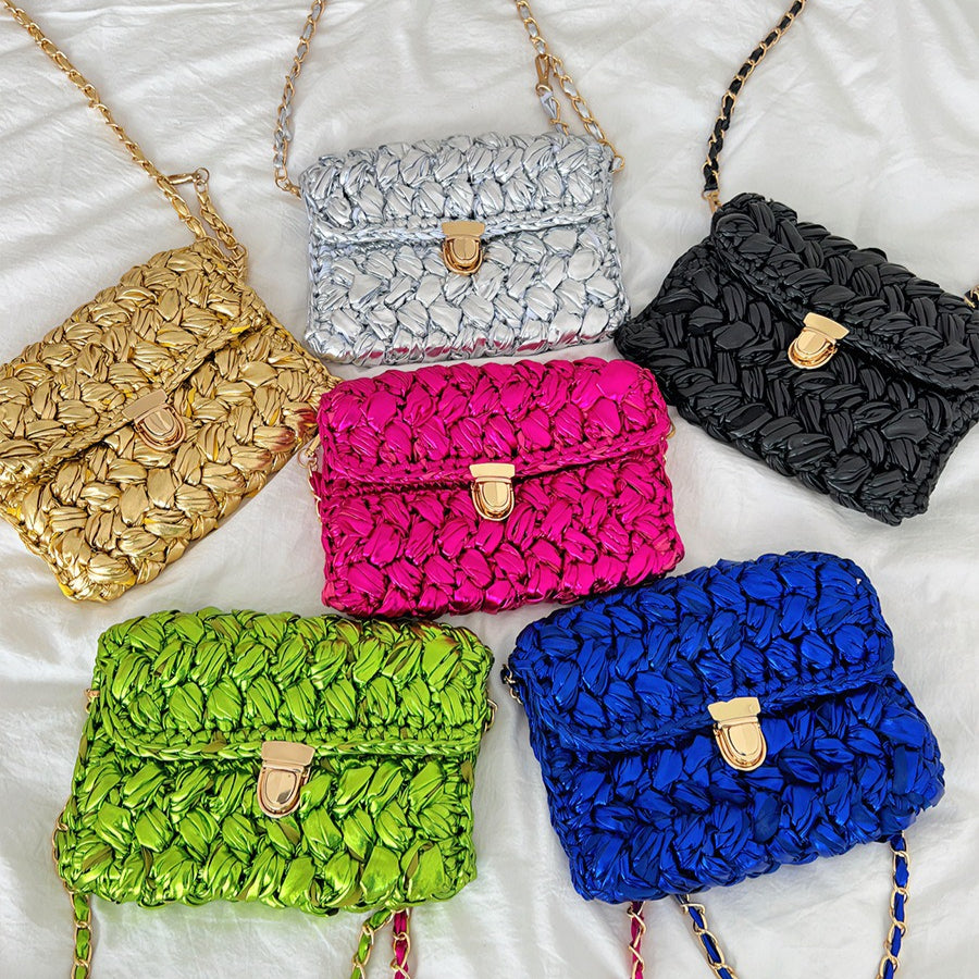 Handwoven Metallic Shiny Crossbody Bag Lock Closure N6F088