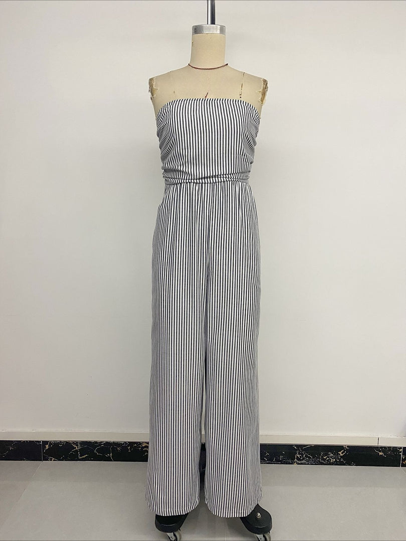 Strapless Stripe Jumpsuit Women Straight Leg N6C251
