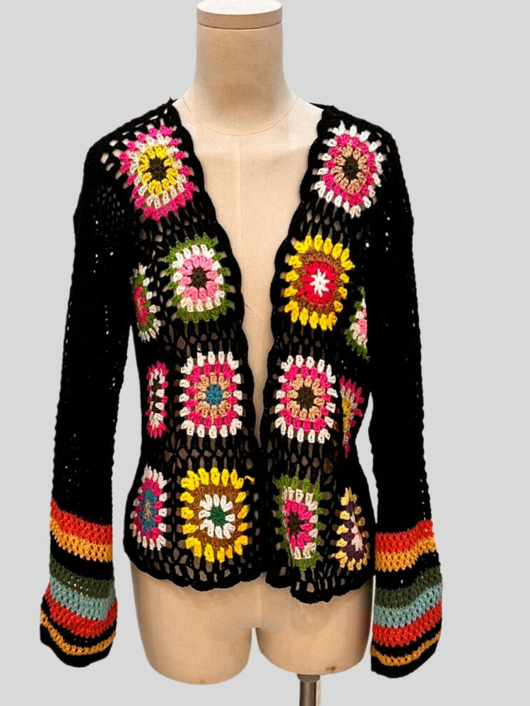 Hand Crochet Random Color Block Cardigan Sweater  N6E097