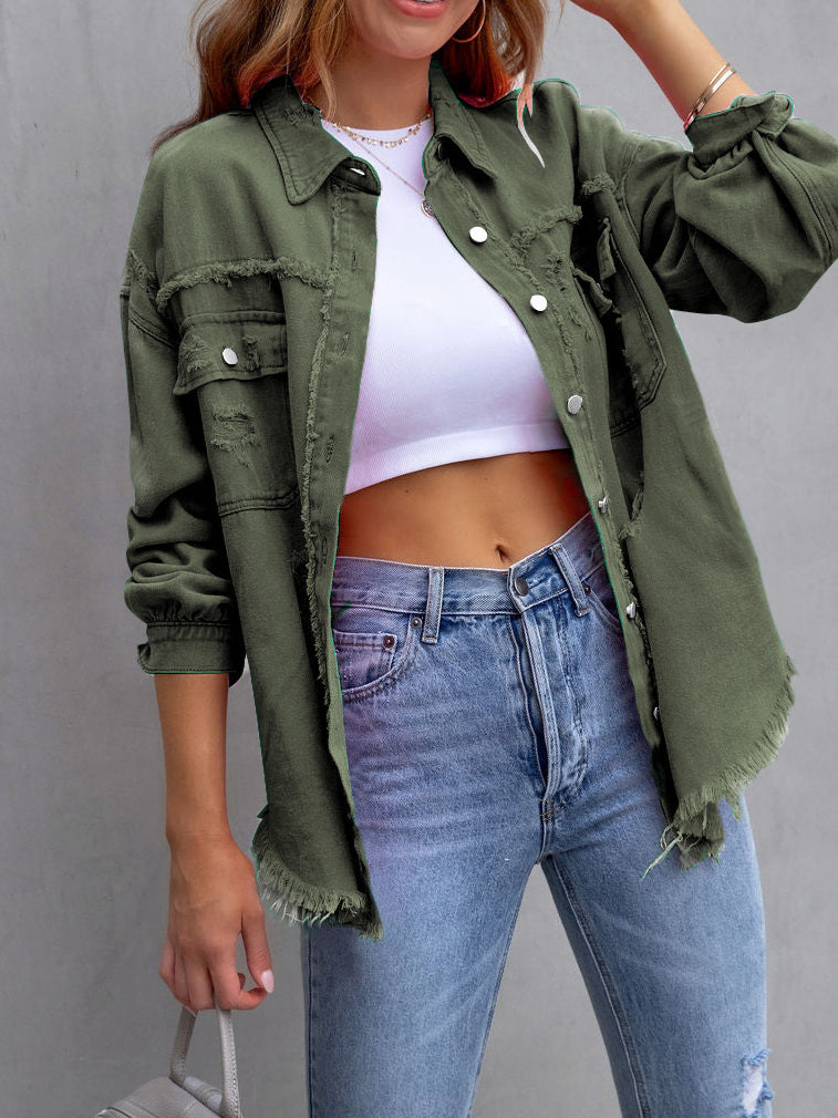 Distressed Denim Jacket Mid Length Raw Hem  N5Z166