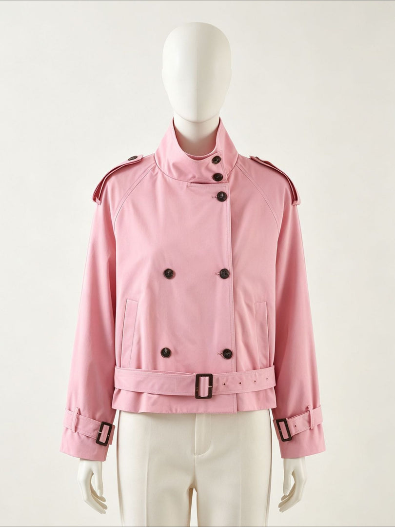 Loose Belted Double-Breasted Stand Collar Coat Women N6H125