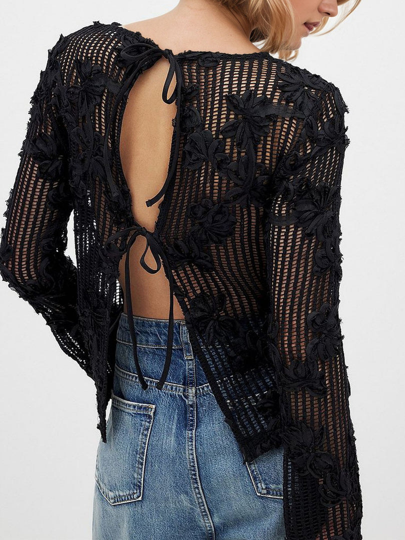 Lace Relief Knit Cardigan Back Cutout Tie N6F184