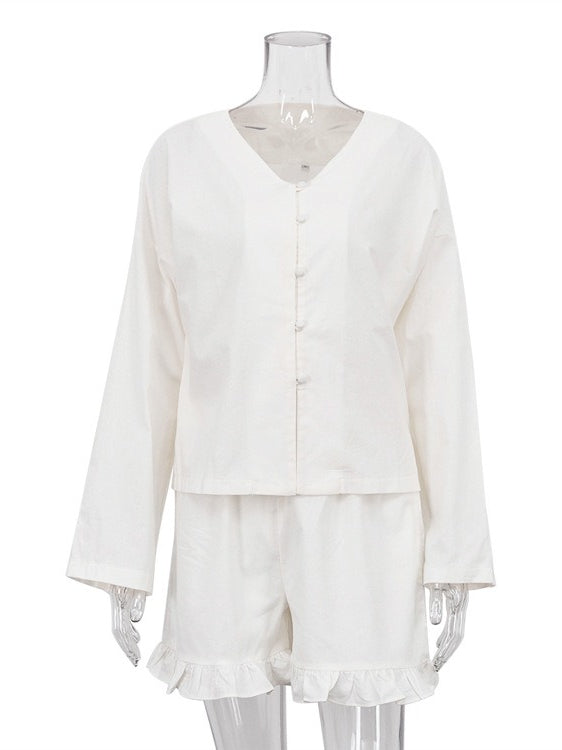 Long Sleeve Ruffle Sleeve Shirt High Waist Shorts Set N6D108