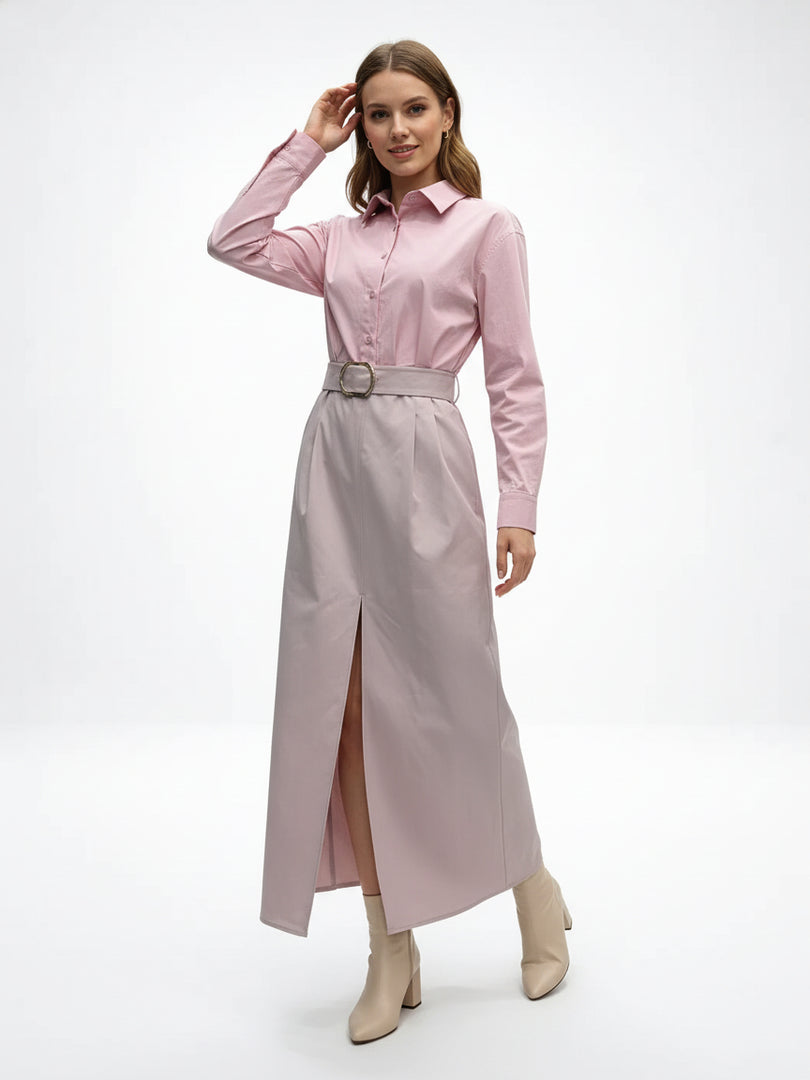 Pink High Slit Shirt and Skirt Set Women N6C183