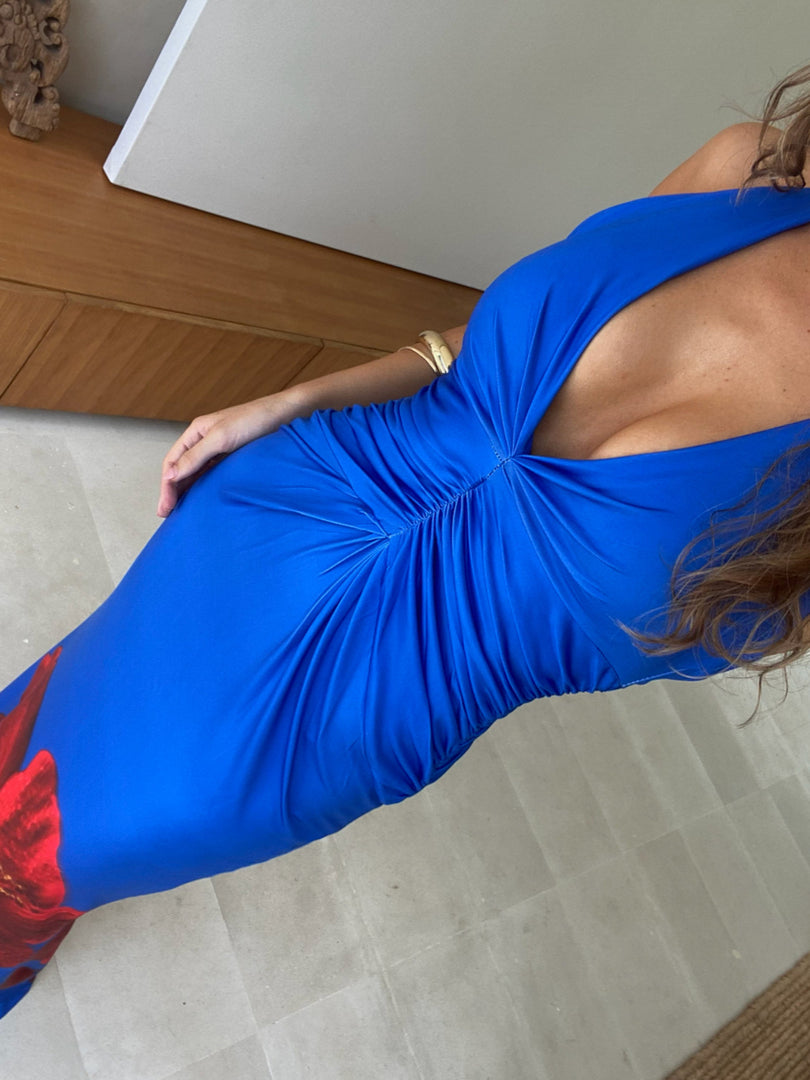 Bandeau Bodycon Dress V Back Pleated Print N5Z158